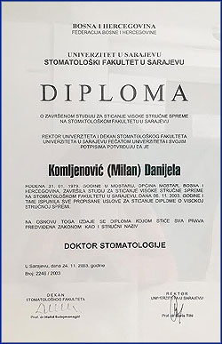 Diploma Daniela Komljenovic Zahnärztin in Poliklinik Adriatic Dent in Rovinj