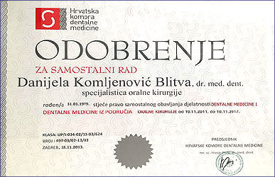 Diploma Daniela Komljenovic Zahnärztin in Poliklinik Adriatic Dent in Rovinj
